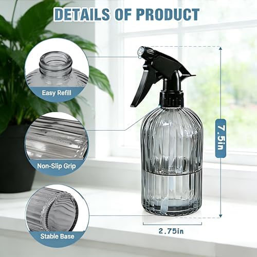 Glass Handheld Spray Bottle, 13.5oz Refillable Plant Mister Bottle 2 Pack, Water Spray Bottle with Adjustable Mist Nozzle for Outdoor Gardening, Indoor Flowers, Cleaning, Hair & Pets Care (Grey) - Image 3