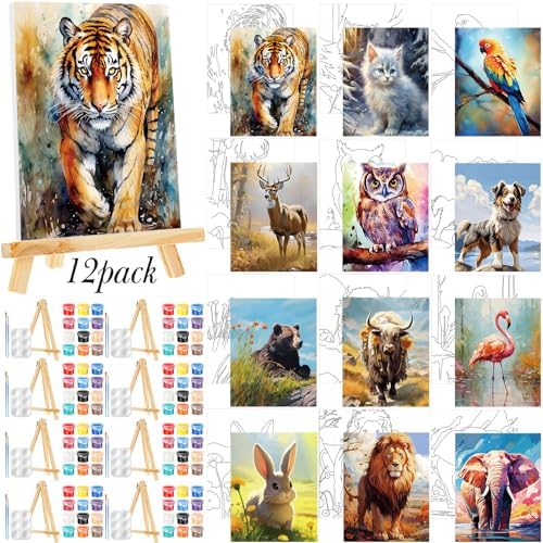 Zhanmai 72 Pcs 12 Sets Sip and Paint Kit Pre Drawn Canvas for Painting 8" x 10" Paint Party Canvas Painting Pre Printed Canvases for Party Favor DIY Virtual Adult's Date Night(Animals) by Zhanmai