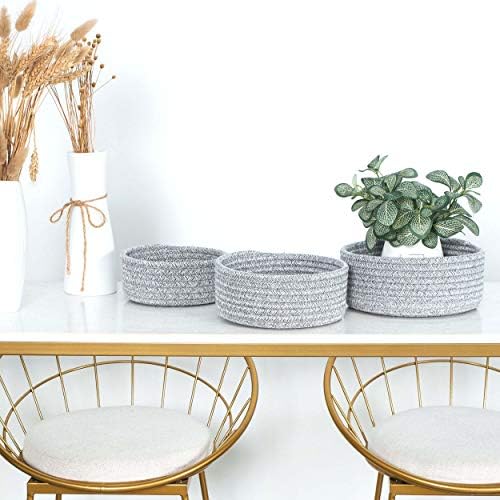 MINTWOOD Design Set of 3 Cotton Rope Nesting Bowls, Small Catch All Basket, Cute Closet Baskets and Bins for Shelves, Mini Table Basket Organizer for Small Accessories, Light Gray Mix - Image 2