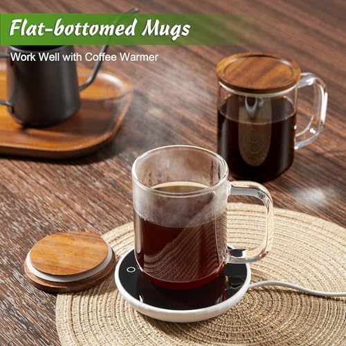 DRASTAR Glass Coffee Cups,12 oz Clear Coffee Mugs with Acacia Wood Lid,Flat Bottomed Coffee Mug with Handles,Tea Cup Set of 2 - Image 3