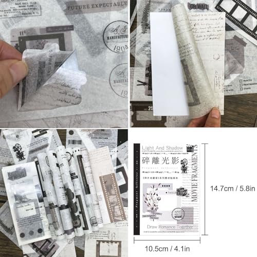 Vintage Washi Stickers Book for Journaling, 180pcs Aesthetic Film Journal Stickers and 20 Sheets Adhesive Scrapbook Papers for Junk Journal Supplies Ephemera Sticker Book for Adults DIY Art Crafts - Image 4