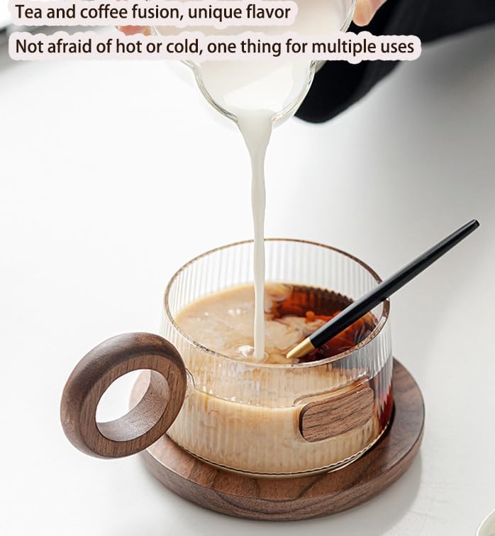 Dxcaicc Glass Coffee Cup 9 Oz Set, 250Ml Tea Cup with Handle, Clear Juice Cup with Wooden Saucer, Heat-Resistant Water Cup Set with Spoon,B - Image 5