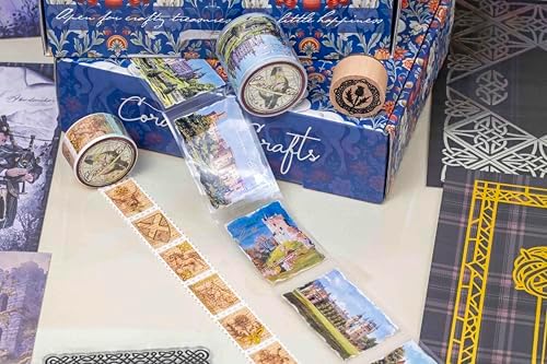 Scotland Box – 9-Piece Scottish Craft Set with Landscapes Transparent Tape, Washi, Clear Stamps, Wooden Stamp, Tartan Stickers, Watercolor Transfers, Paper & Foil for Journals, Planners & DIY Projects - Image 5