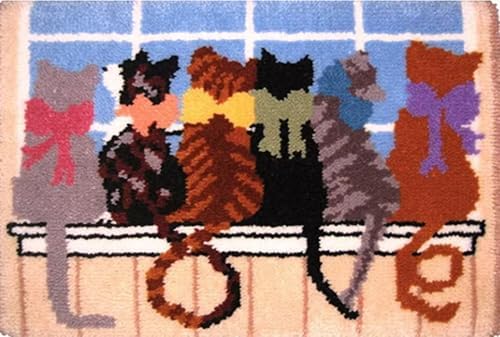 Howie's Latch Hook Kits for Adults, DIYCats-Window Latch Hook Kit Rug Crochet Yarn, Color Preprinted Pattern Embroidery Decoration(Cats-Window, 19.69 x 14.96 inch) by HowiesNeedlepoint