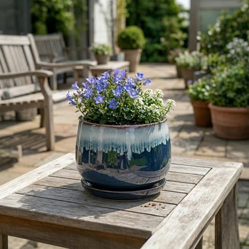 7 Inch Plant Pot Indoor, Ceramic Plant Pots, Retro Blue - Image 4