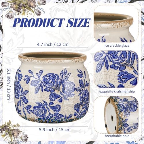 5.9'' Vintage Ceramic Planter, Ice Crack Glaze Blue Rose - Image 3