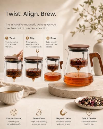 ZENS Magnetic Glass Infuser Teapot for Loose Tea, 27oz Walnut Wood Handle - Image 3