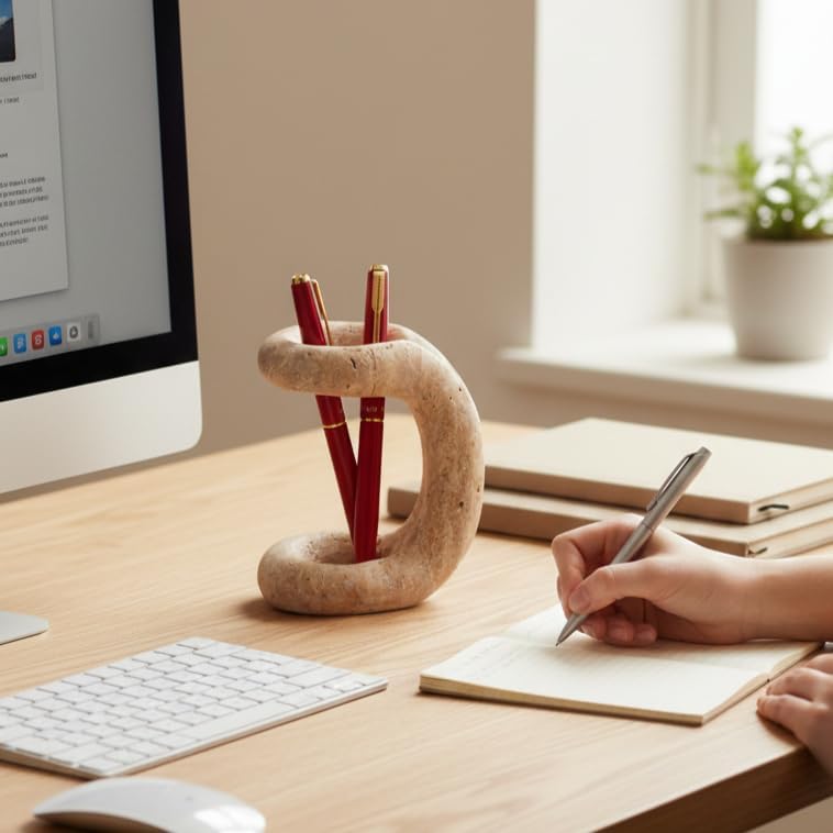 Marble Pen Holder for Desk, 4 Inch Travertine Pencil Holder - Image 5