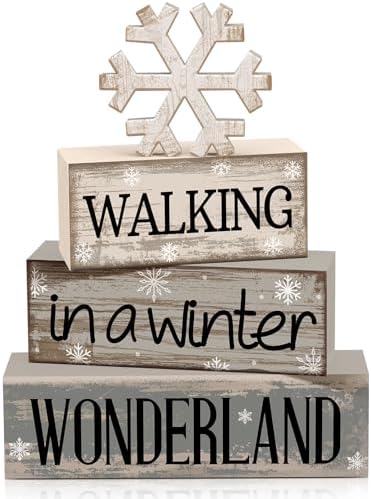 Moucuny 4 Pcs Snowflake Decorations Wooden Block Signs Winter Farmhouse by Moucuny