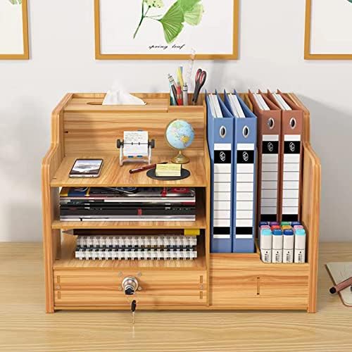 Bamboo Desk Organizer, Desktop Wood Bookshelf File Organizer, Pen Holder and Tissue Holder, 1 Drawer with lock for Office, Home, Need to Install(Cherry Wood) - Image 7