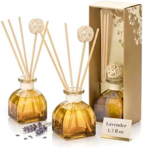 Lavender Reed Diffuser Set, 2 Pack 1.7 fl oz Glass Bottles, 5 Rattan Sticks & Rattan Ball, Plant-Based Non-Toxic Essential Oil, Calming Long-Lasting Home Fragrance for Bedroom Bathroom by WOHSEROM