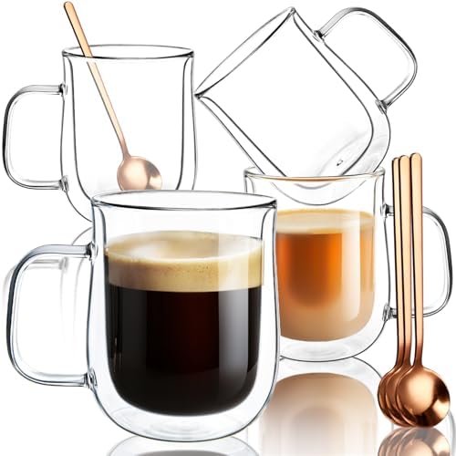 Double Walled Glass Coffee Mugs 12 oz, Glass Coffee Cups Set of 4 with Spoons, Clear Coffee Mug with Handles for Hot Beverages, Cappuccino, Latte, and Tea Bags. by COMOME