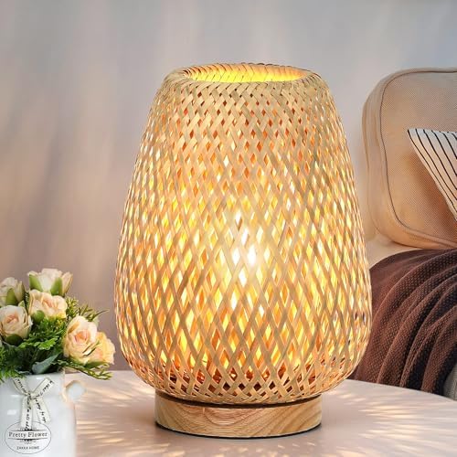 Rattan Table Lamp, Stepless Dimmable Small Beside Lamp, Vintage Wicker Wooden Nightstand Boho Bamboo Woven End Table Lamps for Bedroom Living Room Desk Kids Room, 2700K T45 LED Bulb Included by Brightever