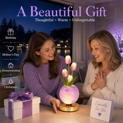 Tulip Table Lamp, Rechargeable Cordless Touch Dimming Artificial Tulip Flower Desk Lamp, LED Flower Bedside Night Light Romantic Gifts for Girl Women Mom (Purple Tulip) - Image 6