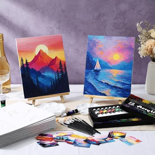 Cholemy 99 Pcs 16 Set Sip and Paint Kit for Adults 8"x 10" Pre Drawn Canvas Painting with Wooden Easel Pre Printed Canvas Painting Favor for DIY Birthday Gifts Adult's Date Party(Landscape) - Image 2