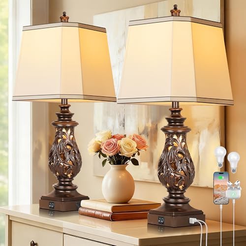 PARTPHONER 29" Table Lamps Set of 2, Bedside Lamps with USB A+C Ports & Night Light, Farmhouse Nightstand Lamps with Faux Silk Shades for Bedroom Living Room, Vintage Brown (LED Bulbs Included) by PARTPHONER