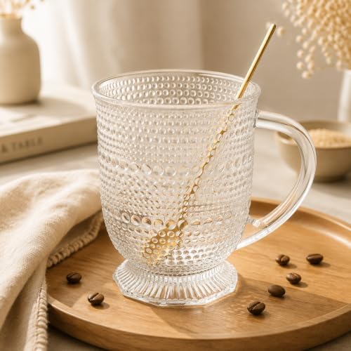 KEMORELA 16oz Hobnail Glass Coffee Mugs Set,Large Glass Mugs with Handle - Image 6