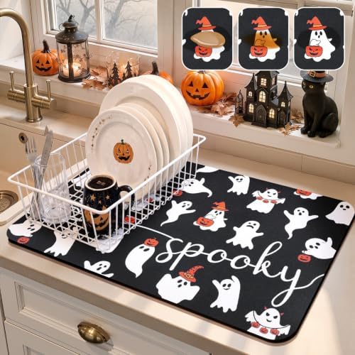 Findosom Ghost Halloween Dish Drying Mat, 12" x 20" Absorbent Coffee Mat by Findosom