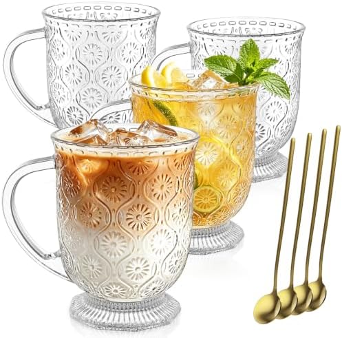 KEMORELA 16oz Vintage Glass Coffee Mugs Set,Large Tea Cups with Handle by KEMORELA
