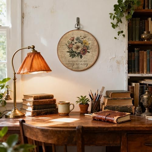 OFJE Vintage Floral Christian Wall Art Decor, His Mercies Are New Every Morning Scripture Round Wall Hanging Decor, Religious Flower Framed Canvas Prints for Living Room Decorations, 10x10 Inch - Image 3