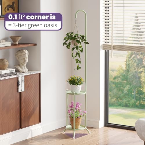 2-Tier Metal Plant Stand with Hanging Hook,Green - Image 5