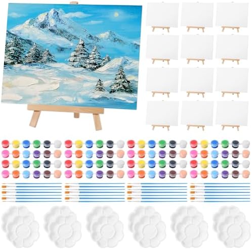 Qilery 12 Set Mini Canvas Painting Kit with Easel Paints, 6 x 8 Inch by Qilery