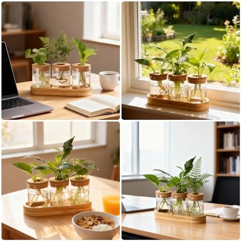 Plant Propagation Stations,3 Pcs Glass Vases with Wooden Stand &Lid - Image 6