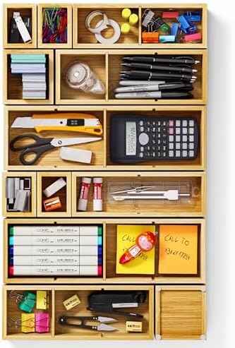 12-Piece Bamboo Drawer Organizer Set, 24 Compartments Modular Storage by VA1KENE