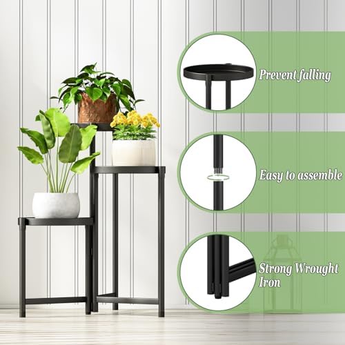 Plant Stand indoor outdoor-3 Tier black Tall Metal Flower Pot Holder 9in Wide Potted Display Rack - Heavy Duty Corner Plant Shelf for Patio Garden Balcony Living Bedroom Room - Image 5