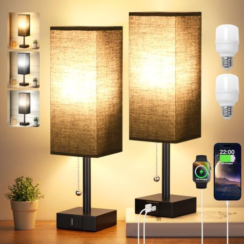 Set of 2 Black Bedside Table Lamps for Bedroom - Nightstand Lamp, USB C+A by Aooshine