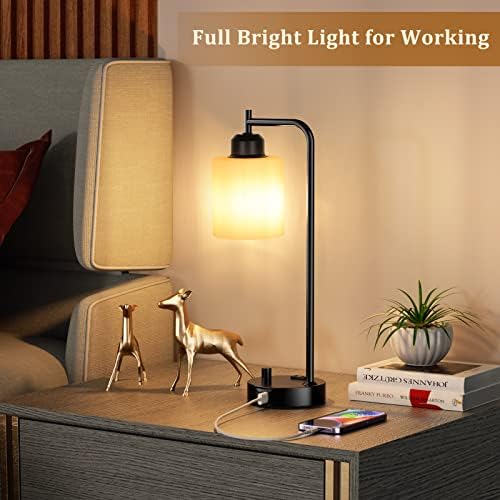 Industrial Bedroom Table Lamps for Bedside - White Opal Glass Shade Desk Lamps with USB C Port, Fully Dimmable Black Lamps with USB Port and Outlet, Reading Nightstand Lamp for Office Living Room - Image 5