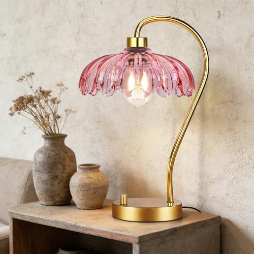 ILLMTW Pink Table Lamp Set of 2,Small Gold Bedside Lamps Dimmable Flower Bedroom Lamp with Glass Lamp Shade,Boho Vintage Mid Century Modern Mini Nightstand Lamp for Bedroom Living Room - Image 5
