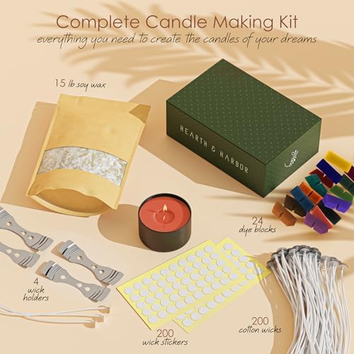 Hearth & Harbor Natural Soy Wax and DIY Candle Making Supplies - 15 Lbs Soy Candle Wax Flakes, 24 Candle Wax Dye Blocks, 200 Cotton Wicks, and 4 Metal Centering Device - Image 2