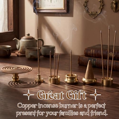 Cinnvoice 6 Pcs Brass Incense Holder Copper Incense Stick Holder 9-Hole Multi-Hole Mini Cone Gourd Burner Accessories for Stick, Tower, Coil, Meditation Room, Home Decor, 6 Styles - Image 4