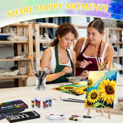 Cholemy 8 Set Paint and Sip Kit for Adults 8'' x 10'' Pre Drawn Canvas with Wooden Easels Acrylic Paint Brushes Wash Cup Palette Apron for Painting DIY Date Night Party Supplies(Sunflower) - Image 5