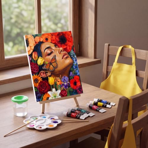 Cholemy 8 Set Paint and Sip Kit for Adults 8'' x 10'' Pre Drawn Canvas with Wooden Easels Acrylic Paint Brushes Wash Cup Palette Apron for Painting DIY Date Night Party Supplies (Butterfly Lady) - Image 2