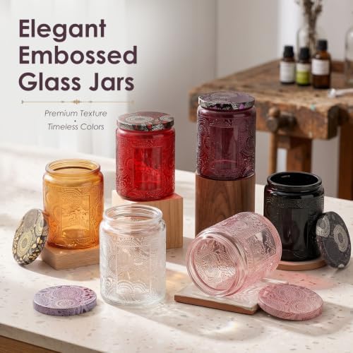 LumaCraft Luxury Embossed Glass Candle Jars for Making Candles - 12 Pack Empty Candle Containers with Lids, 20 Wicks & 20 Stickers, Colored Glass Jars for Gifts & Decor - Image 3