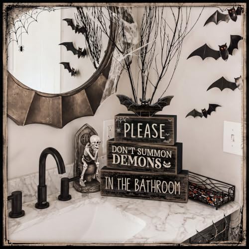 Moucuny 4 Pcs Halloween Bathroom Decoration Gothic Bat Wooden Stacked Block - Image 4