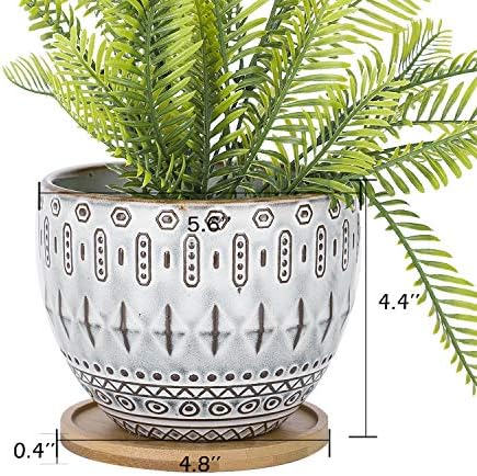 VanEnjoy 5.5 inch Large Round Bohemian Style Ceramic Planter, Geometry Engrave Off White Brown Succulent Planter Flower Pot, Indoor Outdoor Decorative Planter - Image 2