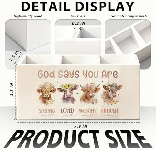 Highland Cow Christian Pen Pencil Holder for Desk, Christian Gifts for Women, God Says You Are Bible Verse Western Highland Cow Wooden Box Sign Decorations for Home Office Desk Tabletop - Image 7
