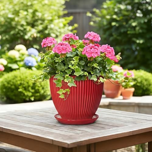 Ceramic Flower Pots 8 Inch, Ceramic Planters for Indoor House Plants, Decorative Plant Pots with Drainage Hole and Saucer, Modern Round Planter, Office Decor, Gifts for Men Women, Red - Image 4