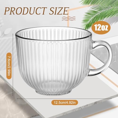 12 Pack Glass Coffee Mugs with Handles, 12 Ounces Glass Breakfast Mugs Bulk, Clear Tea Cups for Hot/cold Drinks, Glassware Set for Americano, Latte, Cappuccino(Ribbed) - Image 2