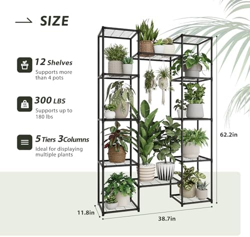 GENTINGBRO Metal Plant Stand Outdoor 62.2" Tall Plant Shelf for Plants 12 Pots Large Plant Sheves for Indoor Plants Living Room Heavy Duty Rack Garden Balcony Patio Hanging Planter - Image 3