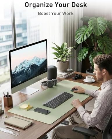 Aothia Faux Leather Desk Mat - Non-Slip PU Leather Desk Blotter, Waterproof Writing Surface, Large Desk Pad for Office & Home (Grass Green, 55" x 17") - Image 3