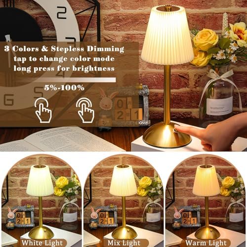 Liliful 2 Pcs Cordless Table Lamp LED Touch, Gold, Beige Cloth Style - Image 4