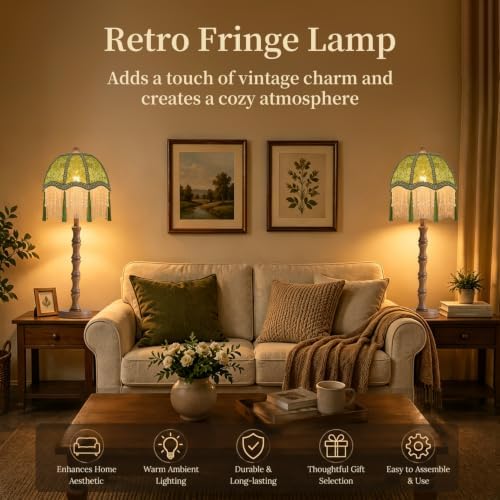 ILLMTW Vintage Table Lamp for Bedroom Living Room,Fringe Bedside Lamps Dimmable Boho Bedroom Lamp with Flower Green Lamp Shade,Mid Century Retro Tassel Unique Wood Small Nightstand Lamp Tiffany Decor - Image 5