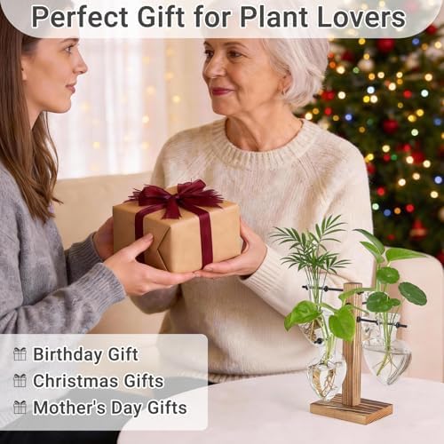 Mkono Propagation Stations,4 Heart Shaped Glass Plant Vases with Wood Stand - Image 4