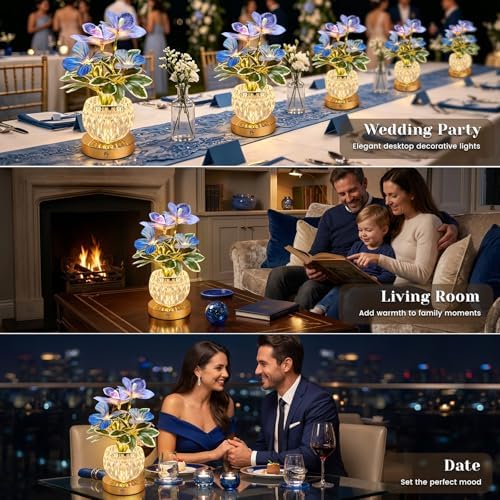 Flower Table Lamp, 3 Colors Touch Stepless Dimming Orchid Night Light, Rechargeable Artificial Flower Light, LED Flower with Vase Lamp Romantic Decor for Date Party Home (Purple - Cymbidium) - Image 5