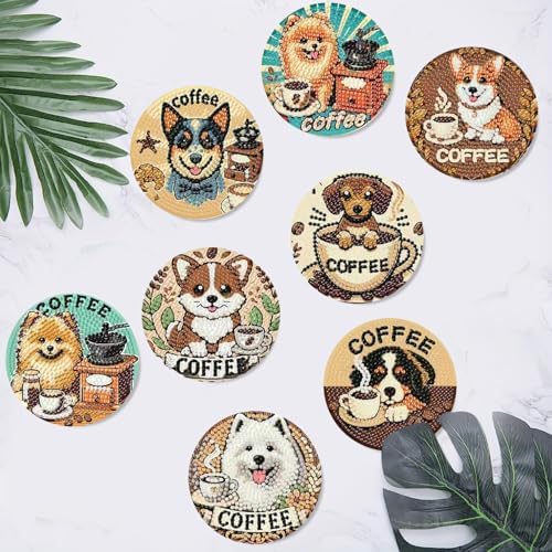 Clendo 8 PCS Coffee Dog Diamond Art Coaster Kits with Holder - Diamond Painting for Adults Beginners - 5D Gem Art Dots Paintings with Cork Pads - Crafts Supplies - Image 7