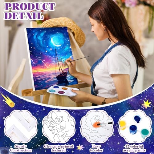 Humyoun 8 Sets 8" x 10" Starry Sky Pre Drawn Canvas to Paint for Sip and Paint Party Starry Sky Predrawn Coloring Set Pre Sketched Canvas Boards with Paints and Brushes for Adult - Image 3